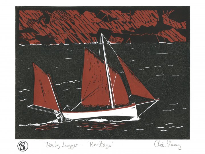 A New Linocut Print:    Tenby Lugger - 'Heritage'