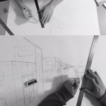 Students drawing urban architecture in perspective
