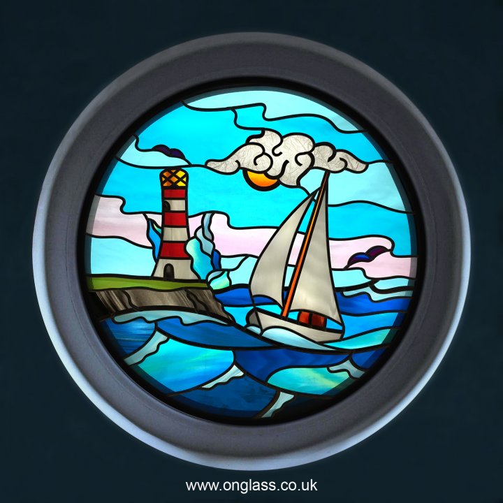 Stained glass sailing boat round port hole window