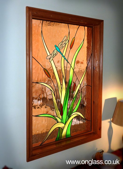 Stained glass water reeds and dragonfly