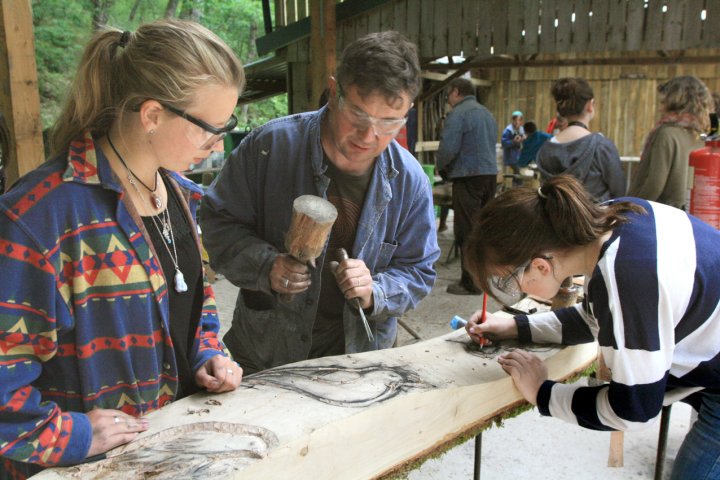 Students working in Yarner Wood outdoor craft project