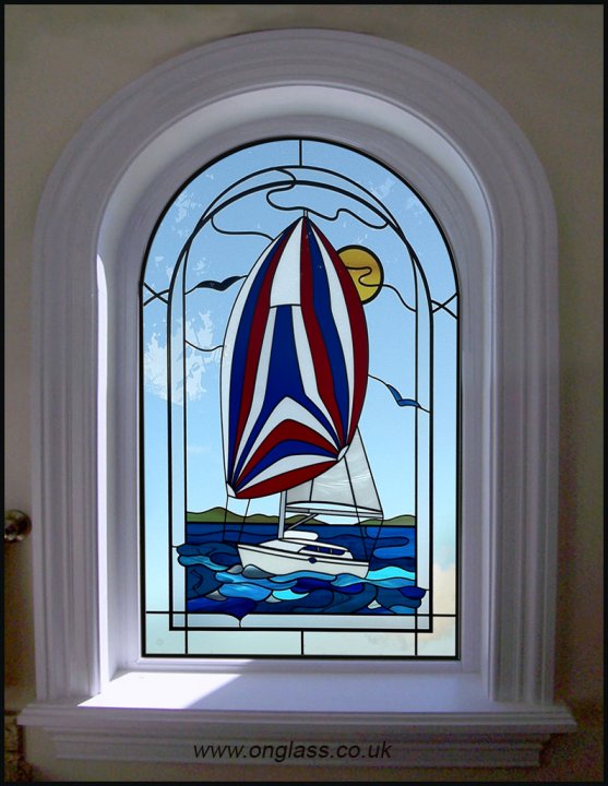 Yacht - Sailing boat stained glass design pattern.